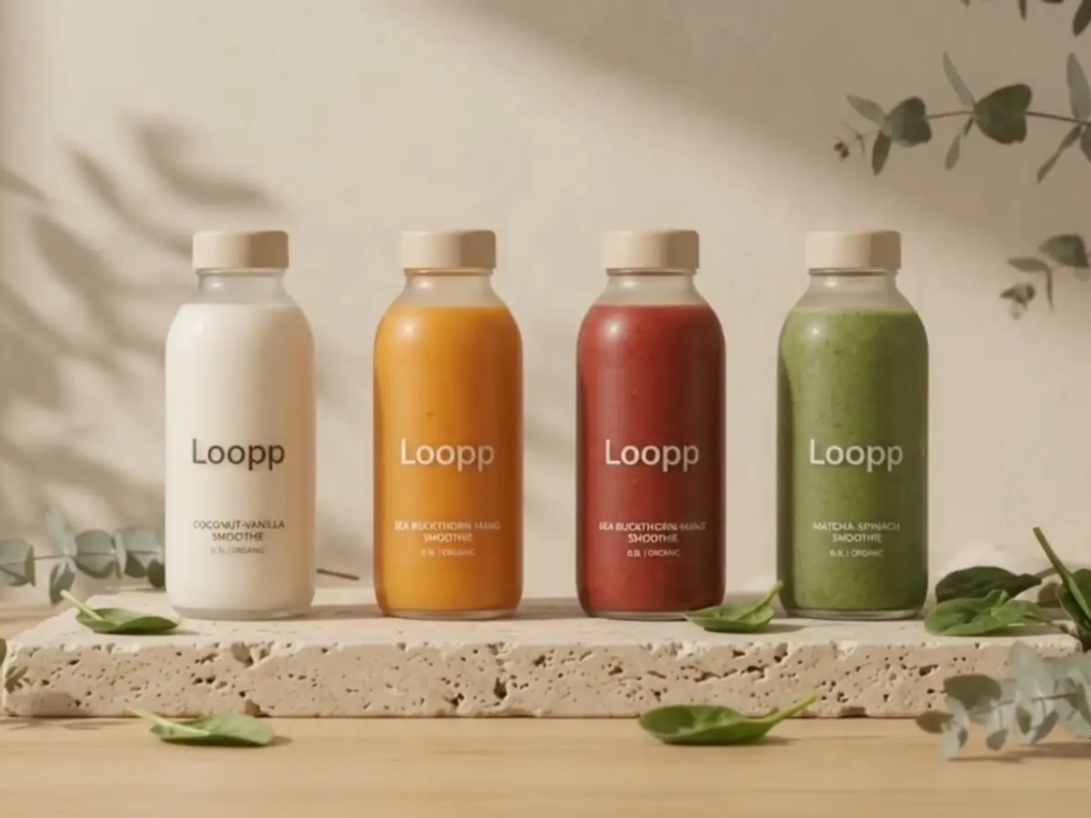 Startseite von Loopp, kaltgepresste Smoothies in Frosted Glass